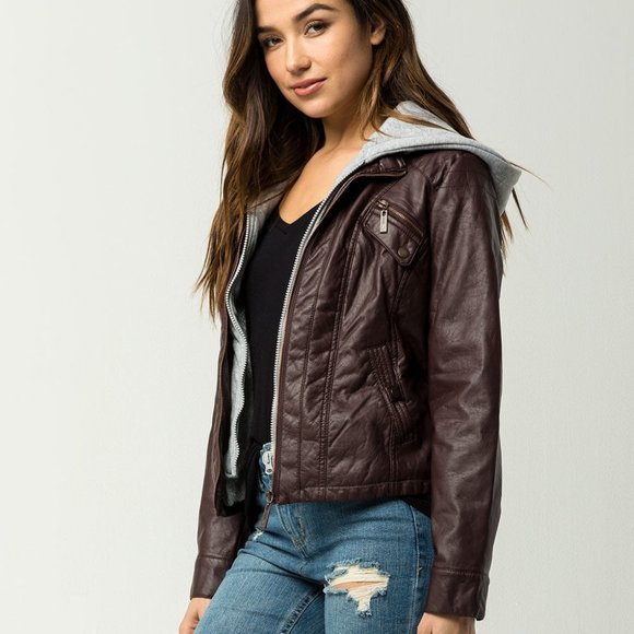 Jou Jou Jackets & Blazers - JOU JOU Fur Lined Faux Leather  Hooded Moto Jacket